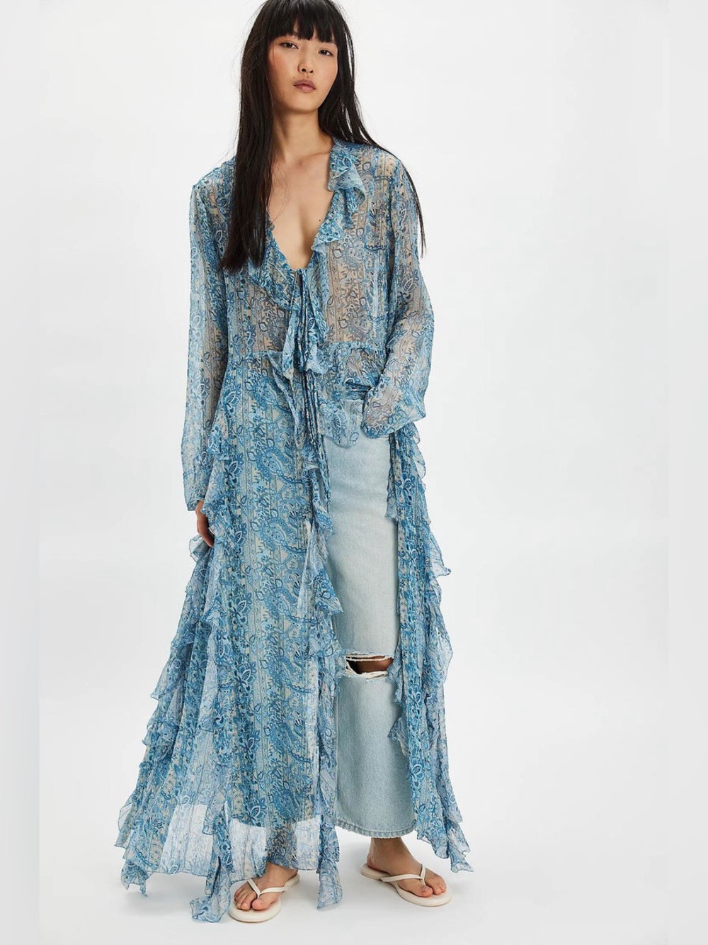 Free People Samantha Chiffon Maxi Top Blue Paisley Sheer Boho Ruffle M